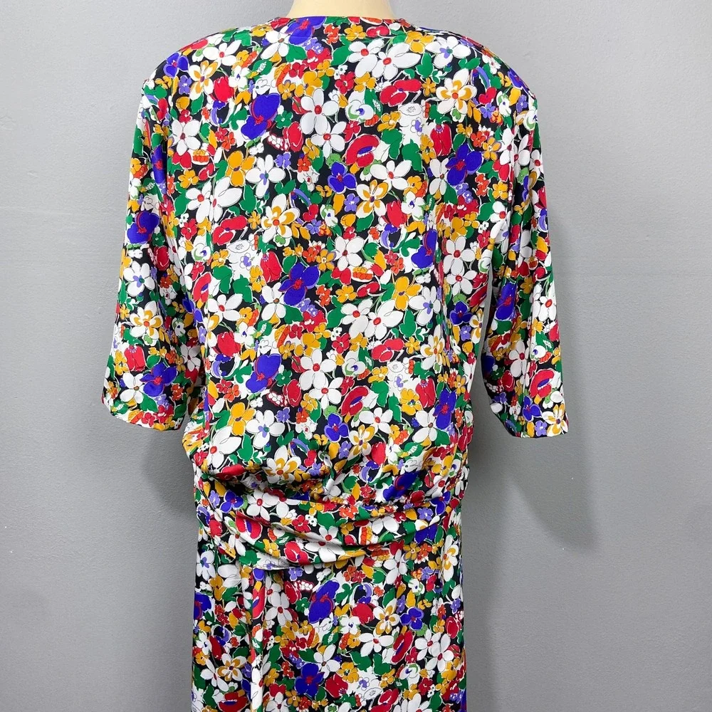 Vintage Cos Cob Floral Dress Size L Colorful Flowers Tie Waist Retro 2 Piece Set